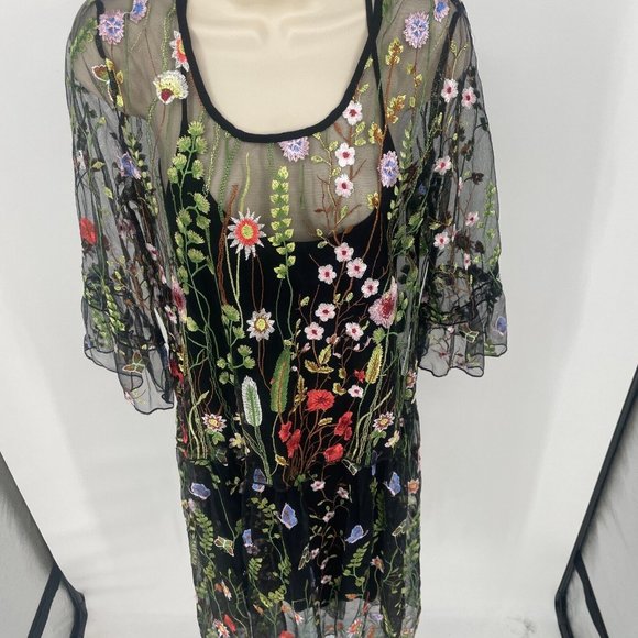 Lulu's 3D Floral Botanical Midi Dress Size Small Embroidered Sheer Black Mesh - Picture 4 of 16